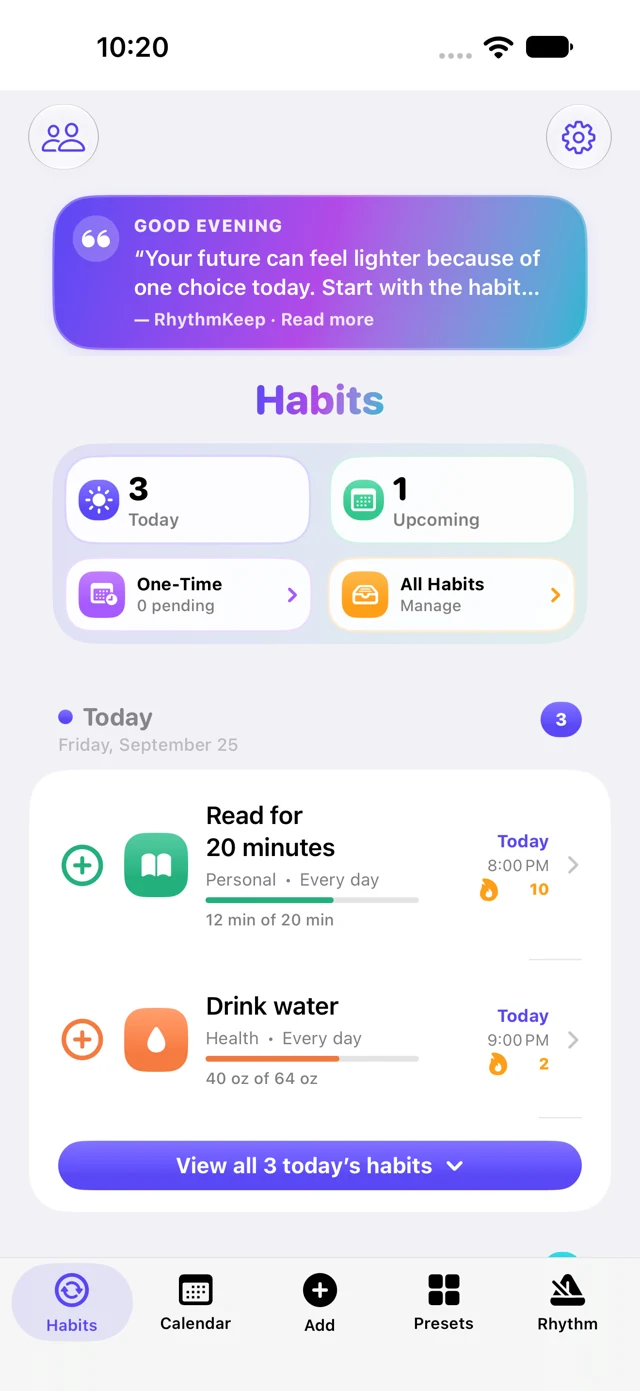 RhythmKeep habits with reading and water goals